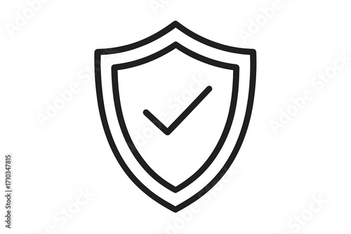 Simple linear shield icon with check mark, protection and defense symbol, insurance concept graphic, minimalistic vector pictogram for web design, apps, social media, banners, and cards