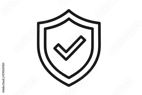 Minimalistic linear shield icon with check mark symbol, defense and insurance concept, simple vector pictogram for web design, apps, social media, banners, cards, protection and security illustration