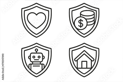 Simple linear illustration of insurance with shield icons featuring health, money, robot, and home protection, concept for graphics, apps, security, and safety vector cartoon design