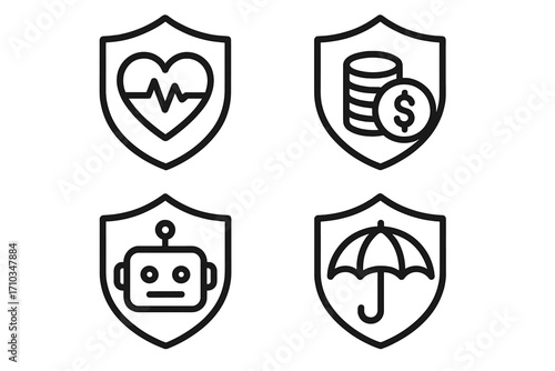 Simple linear insurance icons with shield protection symbols including health heart, money coins, robot technology, umbrella coverage concepts for graphics and apps vector cartoon illustration