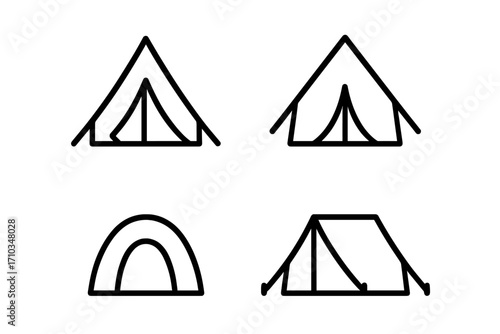 Tent line icon set, outline camping signs for graphic design, apps, adverts, various cards, vector cartoon illustration, transparent background, ordered camping gear symbols
