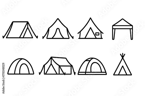 Tent line icon collection, camping symbols and outdoor adventure outline signs, vector cartoon illustrations for graphic design, apps, adverts, and nature-related cards with transparent background