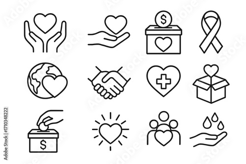 Charity donation health care and support icons. Heart, open hand, ribbon, handshake, globe, donation box, family love, medical aid symbols. Vector line art set for social causes and wellness design