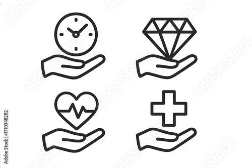 Modern outline style icons of open hand holding time clock, gem, heart with heartbeat, medical cross, symbols of value, health, care, and time management, vector cartoon illustration