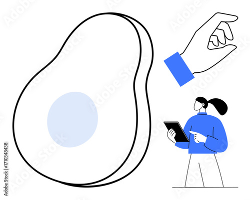 Abstract avocado shape, hand performing a gesture, woman holding tablet with ponytail. Ideal for food, technology, minimalism, modern design, education, gesture recognition simple landing page