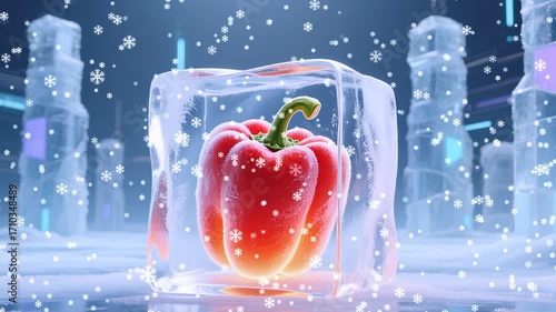 Frosty bell pepper captured in a dazzling ice display