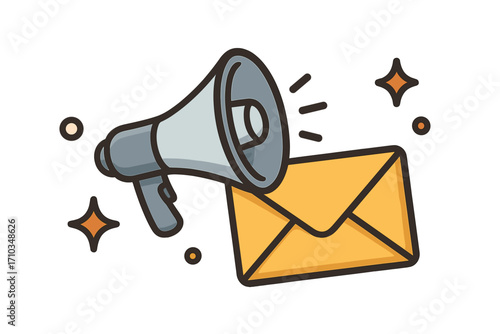Vector cartoon illustration of megaphone with yellow envelope, newsletter subscription concept, email marketing, message announcement, communication icon, transparent background
