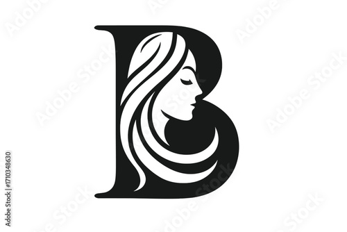 Elegant letter B logo design with a beautiful woman's profile and flowing hair, beauty salon and hair care vector illustration, feminine style icon, black and white minimalist design