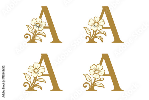 Elegant floral letter A monogram design with decorative flower and leaves vector illustration, classic alphabet symbol, ornamental botanical initial, vintage style lettering
