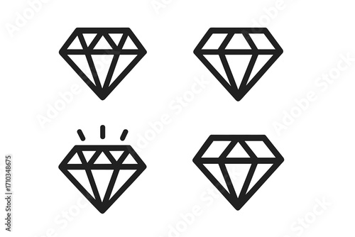 Modern minimalist diamond logo icon collection, vector cartoon illustration set with transparent background, geometric gem shapes, jewelry design symbols, luxury and elegance icons