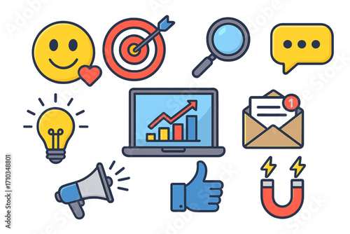 Social media marketing emoji set with icons for SEO, digital strategy, communication, growth, feedback, and engagement. Vector cartoon illustration with transparent background, ordered collection.