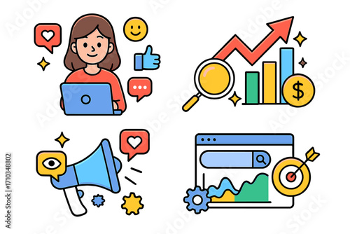 Social media marketing and SEO digital strategy illustration set with cartoon woman laptop, growth chart analysis, megaphone promotion, and analytics target concept transparent background