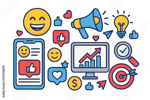Social media marketing emoji banner with SEO icons, vector cartoon illustration set, transparent background, digital likes, engagement, growth, and target concept