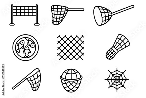 Net icon set thin line collection. Outline signs for web design. Vector icons of fish net, volleyball, badminton, landing net, spider web, mesh. Fishing and sports equipment.