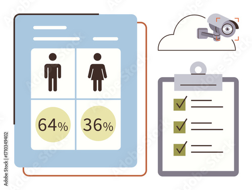 Gender data percentage chart, surveillance camera, and checklist with ticks. Ideal for analytics, gender studies, surveys, compliance, security monitoring reporting themes. Simple flat metaphor