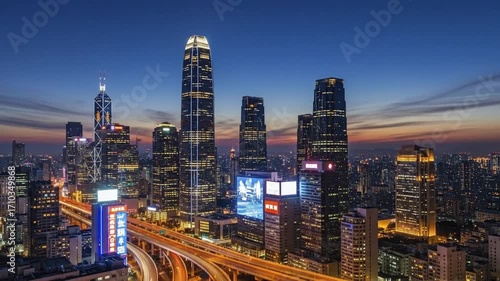 Wallpaper Mural A twilight cityscape features numerous illuminated skyscrapers and an intricate elevated highway system with flowing traffic lights under a gradient sky Torontodigital.ca