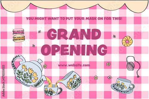 Cute pink tea party cafe grand opening banner 