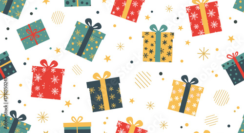 A cheerful holiday pattern featuring a variety of colorful wrapped gift boxes.