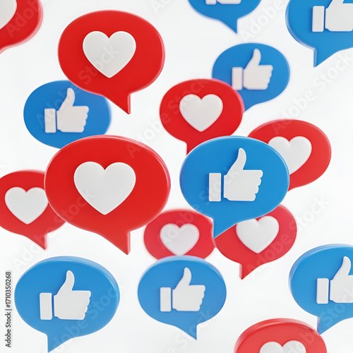 Collection of social media like and heart icons in speech bubbles, red and blue