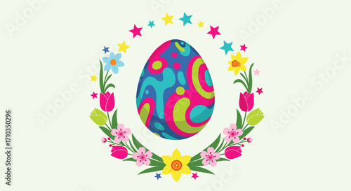 A colorful decorated Easter egg surrounded by spring flowers and stars.