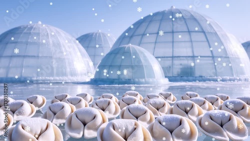 Swans gracefully glide near stunning ice domes in winter wonderland