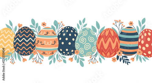 Easter eggs decorated with floral patterns and leaves. This festive spring holiday.