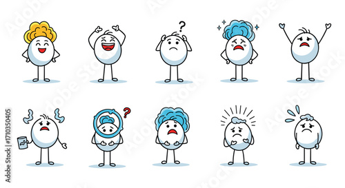 A collection of cartoon eggs expressing various emotions with different hairstyles and headwear