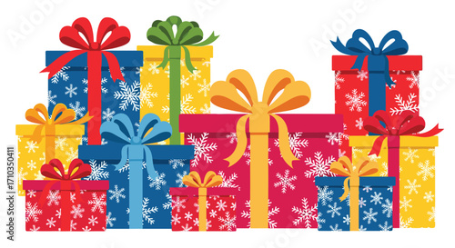 A colorful assortment of wrapped holiday presents with bows and snowflakes.