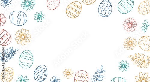 A border of colorful sketched easter eggs and flowers frame a white empty space for your text.