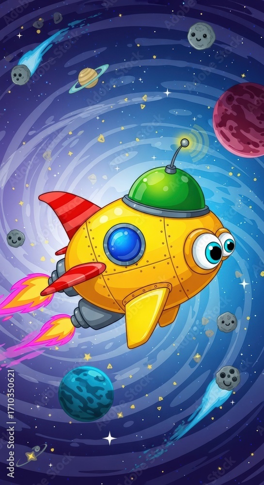 Fototapeta premium A vibrant cartoon yellow rocket with big eyes flying through a swirling galaxy filled with colorful planets, stars, and smiling comets.