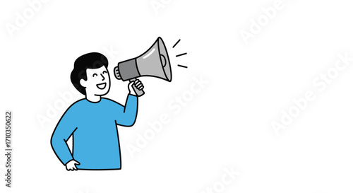 A person is happily speaking into a megaphone to make an announcement or share some news.
