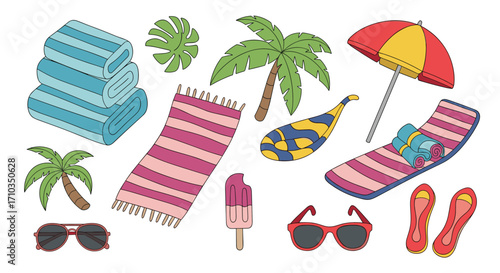 A collection of beach vacation icons and accessories for a summer holiday.