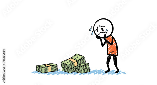 A person expressing distress and worry while looking at stacks of money.