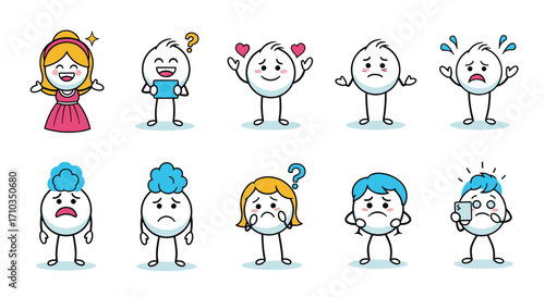 A collection of cute cartoon characters expressing a variety of emotions and feelings.