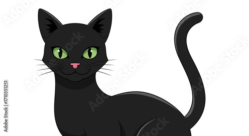A sleek and elegant black cat with piercing green eyes and a playful pink nose, captured in a charming illustration