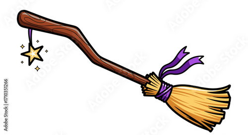 Whimsical Witch's Broom with Star Charm, Cartoon Illustration