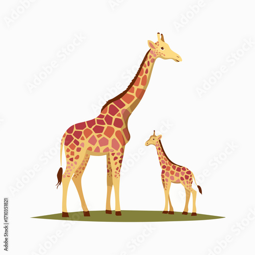 Charming vector illustration of a mother giraffe and her baby calf standing together. An isolated wildlife family scene in a simple, flat design style