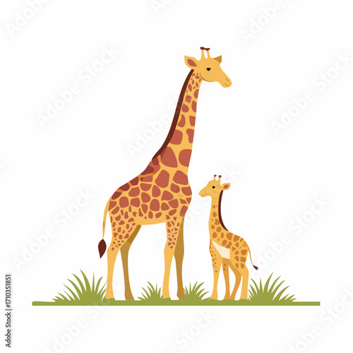 Vector illustration of a giraffe family, a parent and its calf standing together in the grass. Simple flat design of African wildlife isolated on a white background