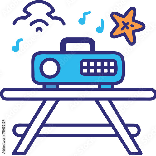 Electronic digital media icons for video games, music, and player equipment on a black web display