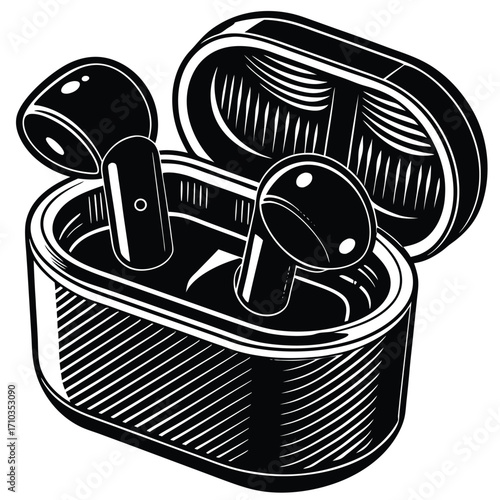 Vector art illustration of a metal can with headphones, an object of canned fish isolated on white