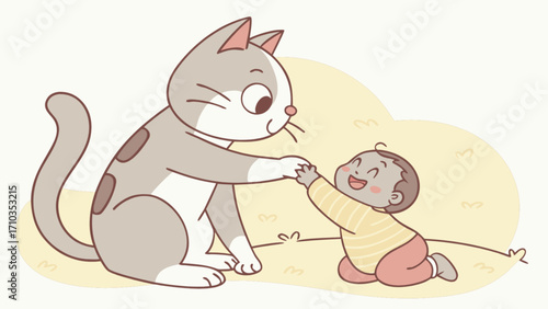 Cute cartoon cat giving high five to a baby on the grass