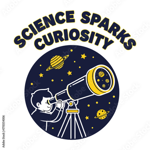 A boy looking through a telescope at planets and stars in a circular frame halloween tshirt design