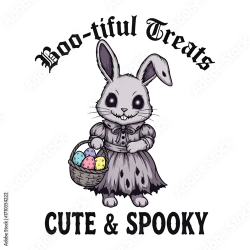 Creepy bunny in dress holding basket with eggs and text above and below image halloween tshirt design