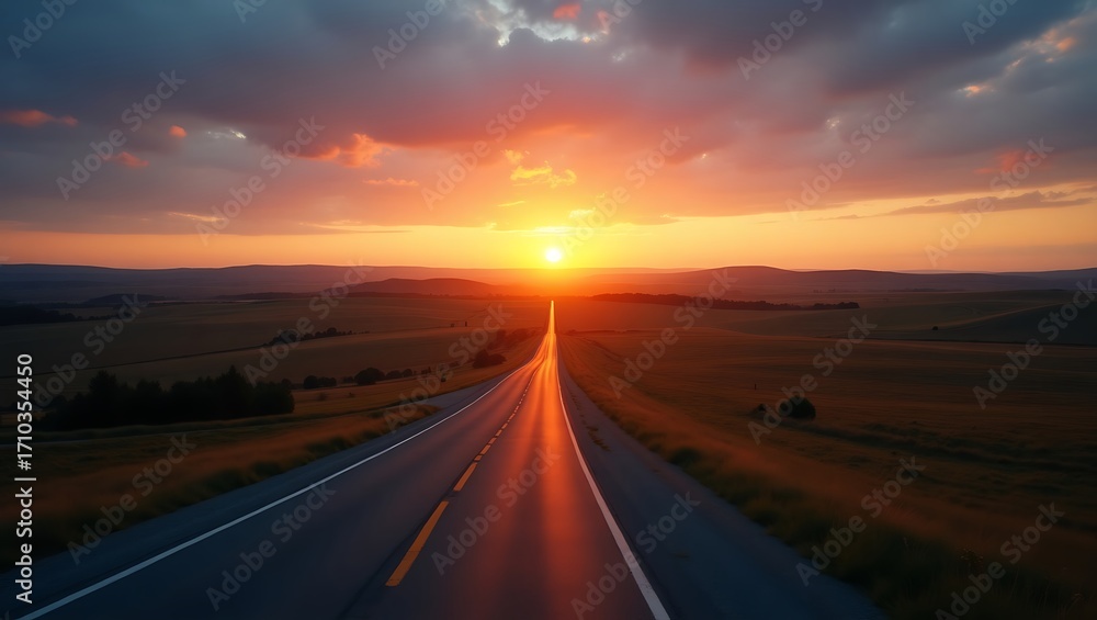 Naklejka premium Sunset Road Journey: Golden Horizon Drive Through Hills & Sky