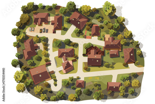 top view aerial shot of village environment isolated