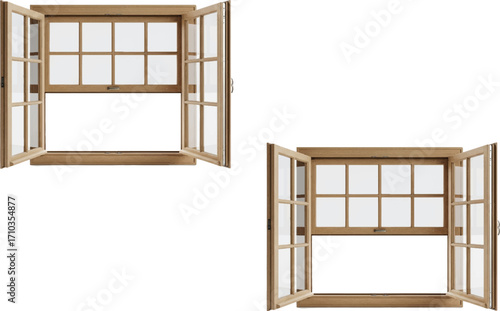  image . It shows two wooden-framed windows, both open outward with side-hinged panels.