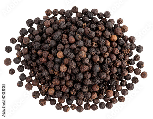 Black pepper corns, a dry spicy food ingredient, are isolated on a white background