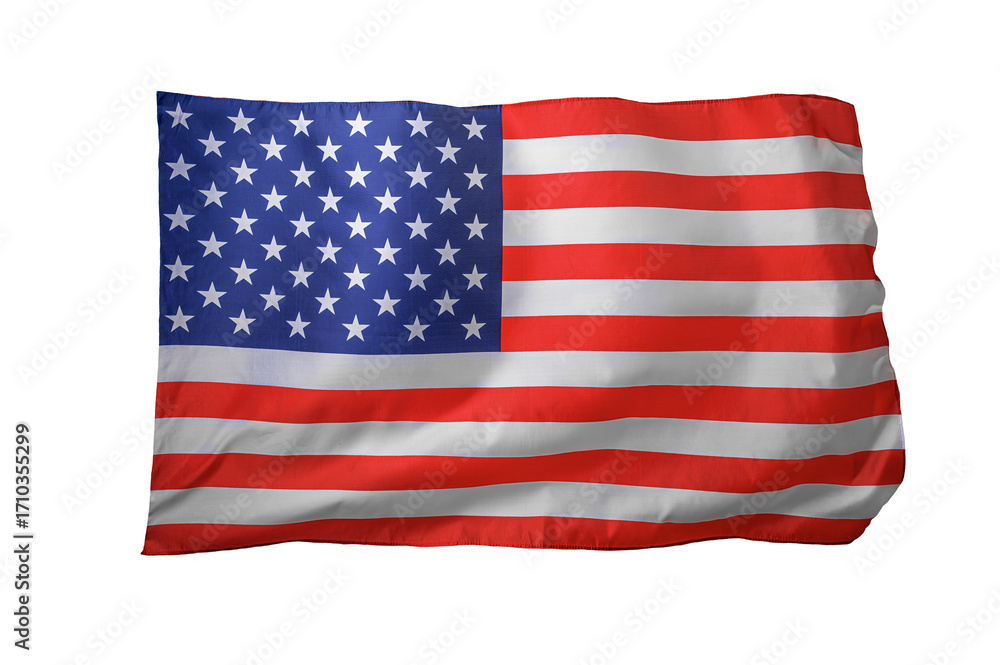 Obraz premium The United States of America flag with red and white stripes and a blue canton with stars, waving isolated on a white background.