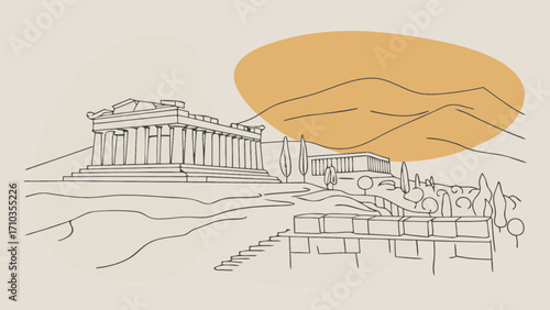 Minimalist line art illustration of the parthenon in athens, greece