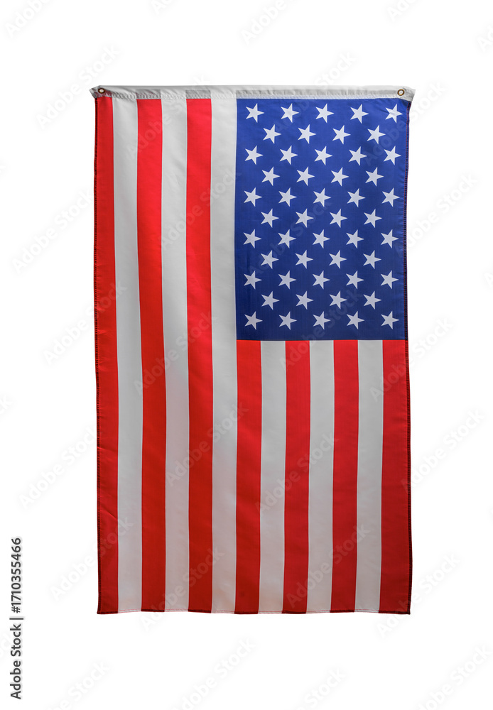 Obraz premium A vertical US flag with its red and white stripes and blue canton with stars hanging against a white background.